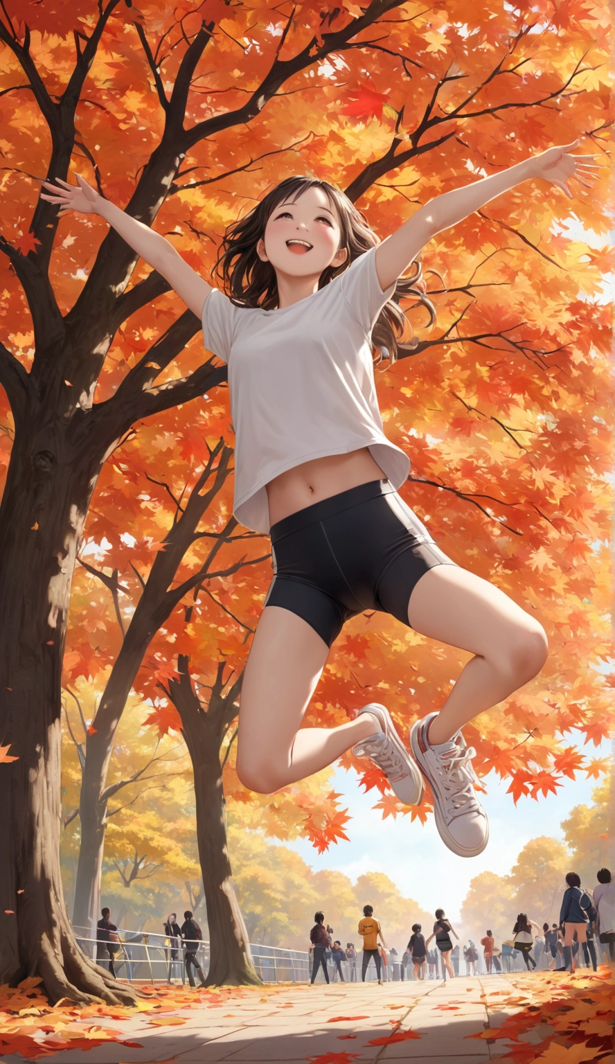 close, Beautiful woman in samdo art style, In a park covered with orange leaves , alone,Are standing_Split, Jeremy Mann, By Sandra Chevrier, Dave McCain、Richard Avedon、Maciej Cuchala, White tank top and jeans, High resolution, 8K