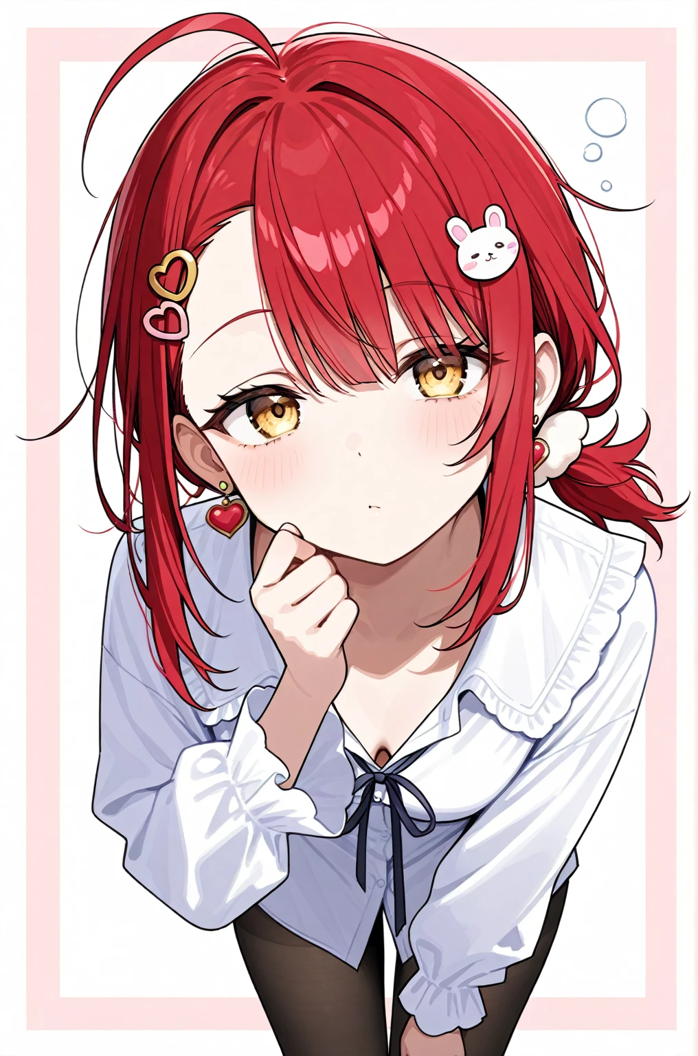  high quality
1 girl   ,    golden eyes ,     red hair 、   medium hair with high background、 low ponytail with tights 、    heart shaped earrings for women  ,  Ahoge,     asymmetrical bangs  ,   ♡shaped hair ornament  ,  [[Sleepy eyes、   black tights、whole body、vigil、  has a white background 、Skin only、messy hair  、  private clothes、 standing 