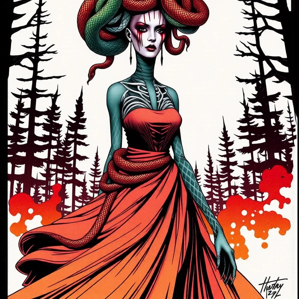 An expressive over the shoulder unfinished cartoon sketch featuring a hairless figure Medusa in a maxi dress. MEDUSA has snakes on their head with accurate snake bodies, snake scales, and a snake tail rattle. The drawing includes ornate corpsepaint blackmetal facepaint, resembling Grace Jones. The style blends the art aesthetics of Sean Gordon Murphy and Joelle Jones with a rough sketch charcoal art style. The sketch shows rough-draft pencil lines underneath with bold lines over a rough-sketch inking, using an ink and charcoal blend. The scene is set in the pine barrens with sparse trees, emphasizing a candid, sorrowful expression. The sketch uses angular and expressive lines in an incomplete, unfinished style, evoking a sense of embering dim glow fiery decay. Colors include red, yellow, and blue (RYB coloring), (sfw), clothed. --no polished --no clean --no detailed --no smooth --no refined 
