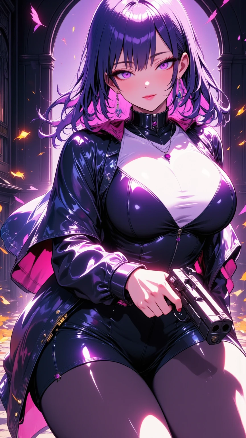  mature beautiful woman with ,( best quality, very detailed depiction, Incredibly Absurd High Resolution ,High quality anime drawings:2.0),( cowboy woman ,Cowboy Costume,Cowboy hat, earrings for a woman alone, Necklaces , black tights, boots,Pistol),(Purple Eyes, half-closed eyes:2.0, Big Breasts ,Glossy lips, is opening,Flashy makeup, bewitching smile:2.0,Beautiful legs,), full body image:2.0,Pistolを構えた姿:2.0,膝をついてPistolを構えている:2.0,Side view:2.0,Western Theater,