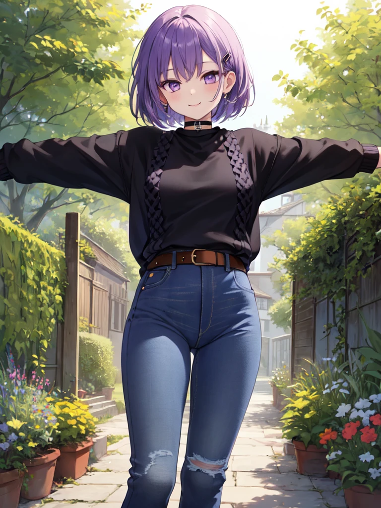 score_9, score_8_up, score_7_up, score_6_up, score_5_up, score_4_up, source_anime, 1girl, purple hair, hair bun,blue eyes, w-w-chain,hang it on the ceiling,the height is large, spread arms, messy hair, black shirt,pants,ankle boots, high heels,dungeon, best quality, best res, 4K UHD,
 