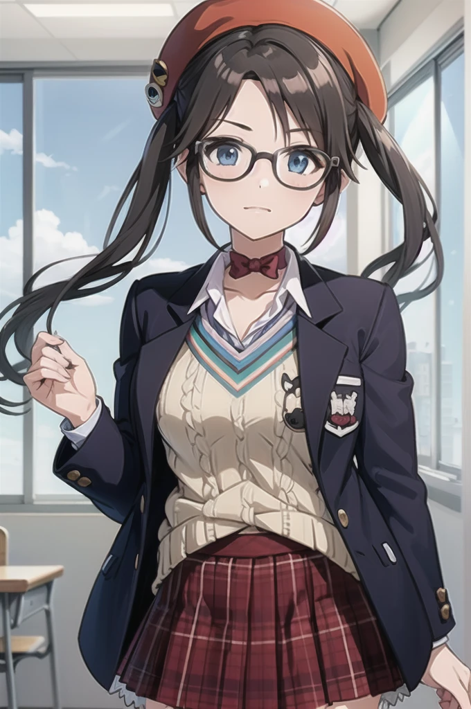 masterpiece, best quality, 1girl, solo, yuikaschool, beret, glasses, twintails, choker, bow, blazer, badge, school uniform, plaid skirt