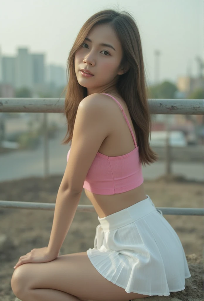 ((Best quality)),((8K)), portrait,A photo of an Thai woman wearing pink tank top and white super short pleated skirt, sitting pose , railings, road,film, soft 