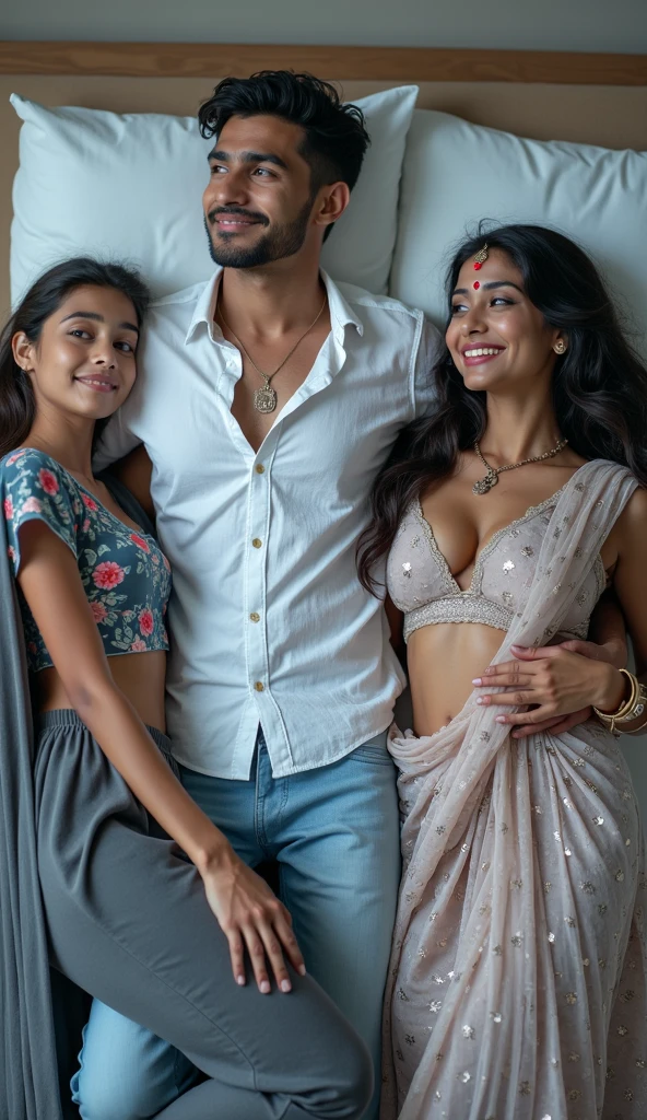 a young indian guy on the left, a sexy Indian girl on the middle and another milfy busty indian women on the right with saree sexy cleavage playing in bed.