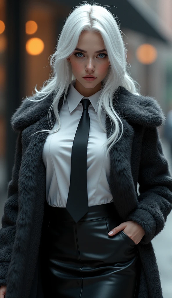 photorealistic, high resolution, soft lights, 1women, solo, hips up, blue eyes, white hair, long hair, close lips, collared shirt, black necktie,black skirt, pencil skirt, fur coat, stockings