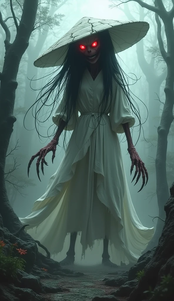 Include unsettling details, with intense focus on sharp, menacing features. Emphasize dark, shadowy elements that obscure and distort, creating a sense of impending doom. Add bloodstained textures and fractured surfaces to enhance a gruesome, nightmarish effect. Incorporate twisted, elongated limbs or appendages that move unnaturally. Highlight eerie, glowing eyes that pierce through darkness, reflecting a deep malevolence. Add hints of decaying or decomposing elements to suggest an ancient, cursed being. Use jagged, irregular forms and sharp edges to evoke a feeling of dread. Surround the figure with an aura of oppressive, foreboding darkness that creeps into every corner of the scene. "Depict 'Hachishaku-sama,' the Eight Feet Tall spirit from Japanese folklore, transformed into the ultimate demon while retaining her iconic features. She stands at an imposing height of 240cm, her form twisted and terrifying. Her once elegant white dress is now tattered and stained, clinging to her gaunt, skeletal figure. A large, cracked white hat obscures her face, but from beneath the brim, her eyes glow with an intense, malevolent red light. Her long, black hair has turned into writhing, shadowy tendrils that move with a life of their own. Her once delicate hands have become clawed, gnarled appendages, with fingers that end in sharp, talon-like nails. Her skin, pale and ghostly, is marked with dark veins, pulsing with a sinister energy. The air around her is thick with an oppressive darkness, as if the very light is being swallowed by her presence. The serene Japanese countryside is warped and decayed, with twisted trees and crumbling buildings, as if her mere presence is corrupting the land. She is the embodiment of fear and destruction, a terrifying demon that has taken on the horrifying essence of Hachishaku-sama, bringing nightmares to life."