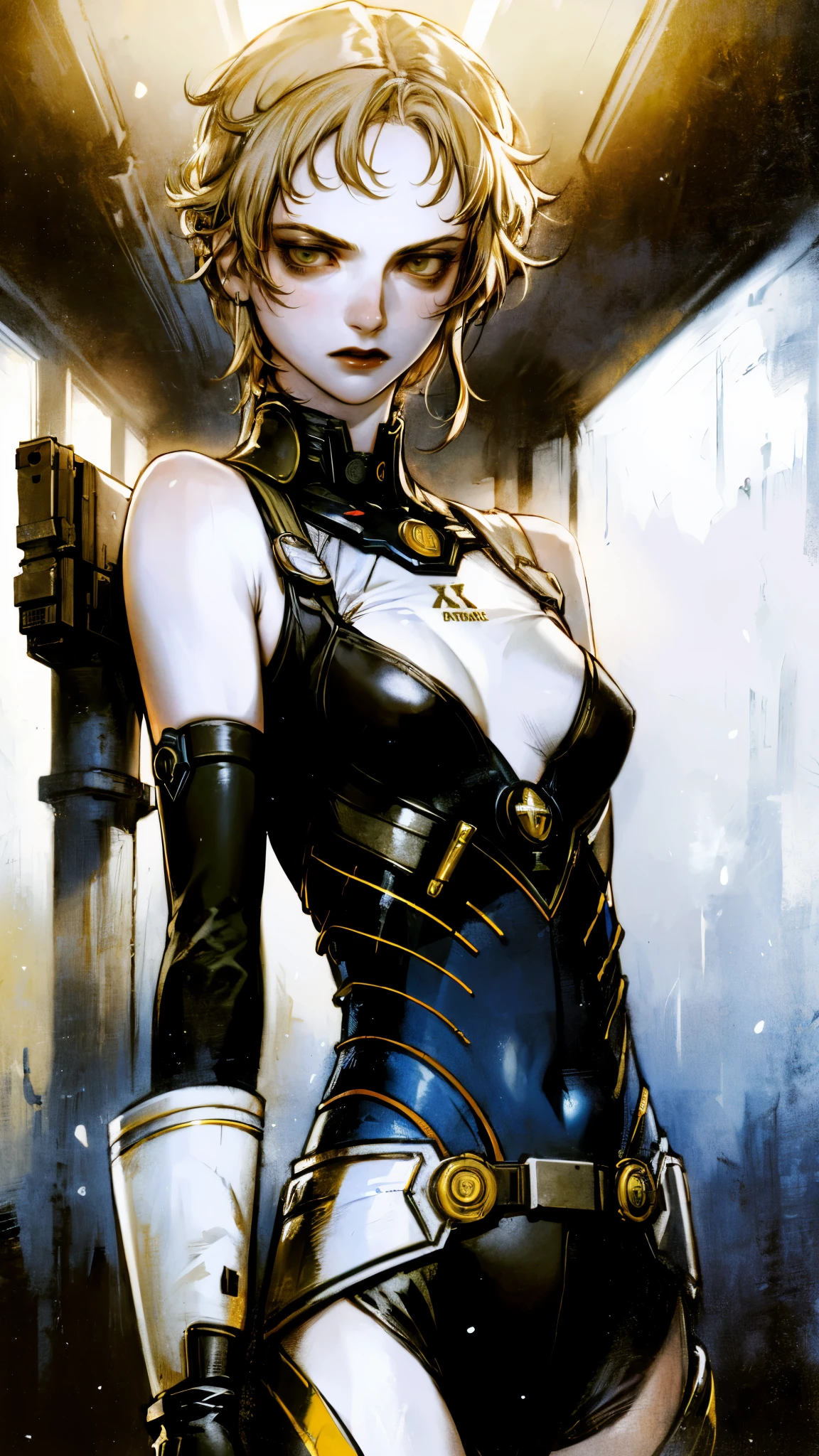 (((Annie Lennox))), ((( varied colors ))), (scars), (((Bandaged body))), ((high collar)), (((best qualityer: 1.4))), (Unbeatable masterpiece), (hiper HD),(CG 8k hyper-realistic), (((brave face))), (((breasts big))), (((hyper feminine))), sexly girl, Tron,(Red bob hair with straight bangs Bettie Page style)), ((( sculptural body ))), (((1 Kizi))), Kizi cibernética de 25 anos com perfectbody,,Beautiful and well-groomed face,muscular body:1.2,solid color detailed jacket, (Head to thigh photos), Complex equipment, green dark,long pants,Tight clothes are dark,With white stars and off-white stripes,,,,,Armor Metal Electronic Parts, Poison tattoos ) INFO, Kizi, (((standing alone))), pirralha violent, ((())), sexly, pose de atitude, work of art, post-apocalypse, (((manga style))), bounty hunter, violent, Manic, the way you want, slenderbody, thin but strong, perfectbody, roupa moderna, advanced technology, neon, sleeves with vertical striped pattern, neutral background, (( cowboy shot )). in the background a wall with intricate graffiti f