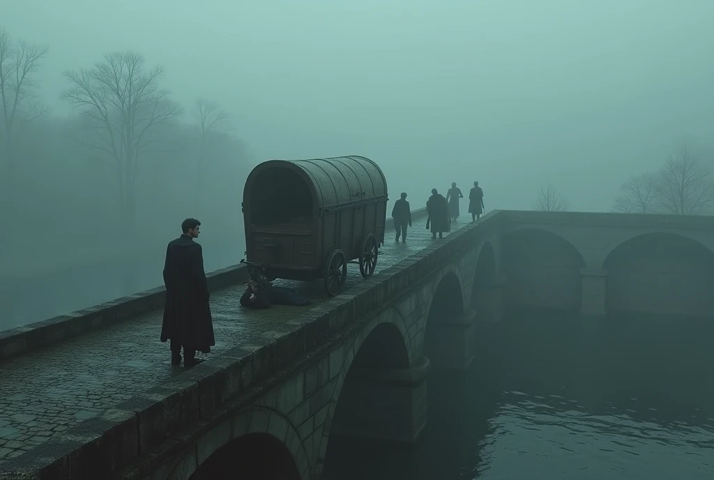 ((masterpiece, highest quality, Highest image quality, High resolution, photorealistic, Raw photo, Extremely detailed CG unified 8k wallpaper)), (huge stunning goddess shot, very hot and sexy, jaw-dropping beauty, perfect proportions, beautiful body, slim body beauty:1.4), Ancient bridge in fog, medieval Europe, one covered wagon is being robbed, the Coachman is on the ground, a beautiful noblewoman is being dragged from the wagon,