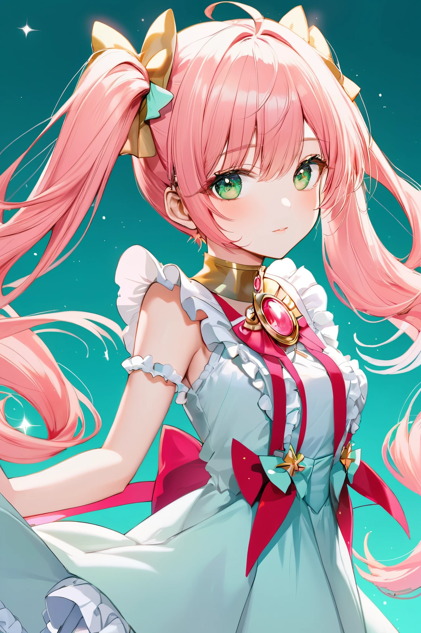 Frill dress, Magical Girl, twin tails, wind, Floating Hair, Long Hair, gradient background, bangs, mint green eyes, upper body, Pink Gold Hair, Symmetric, masterpiece, best quality