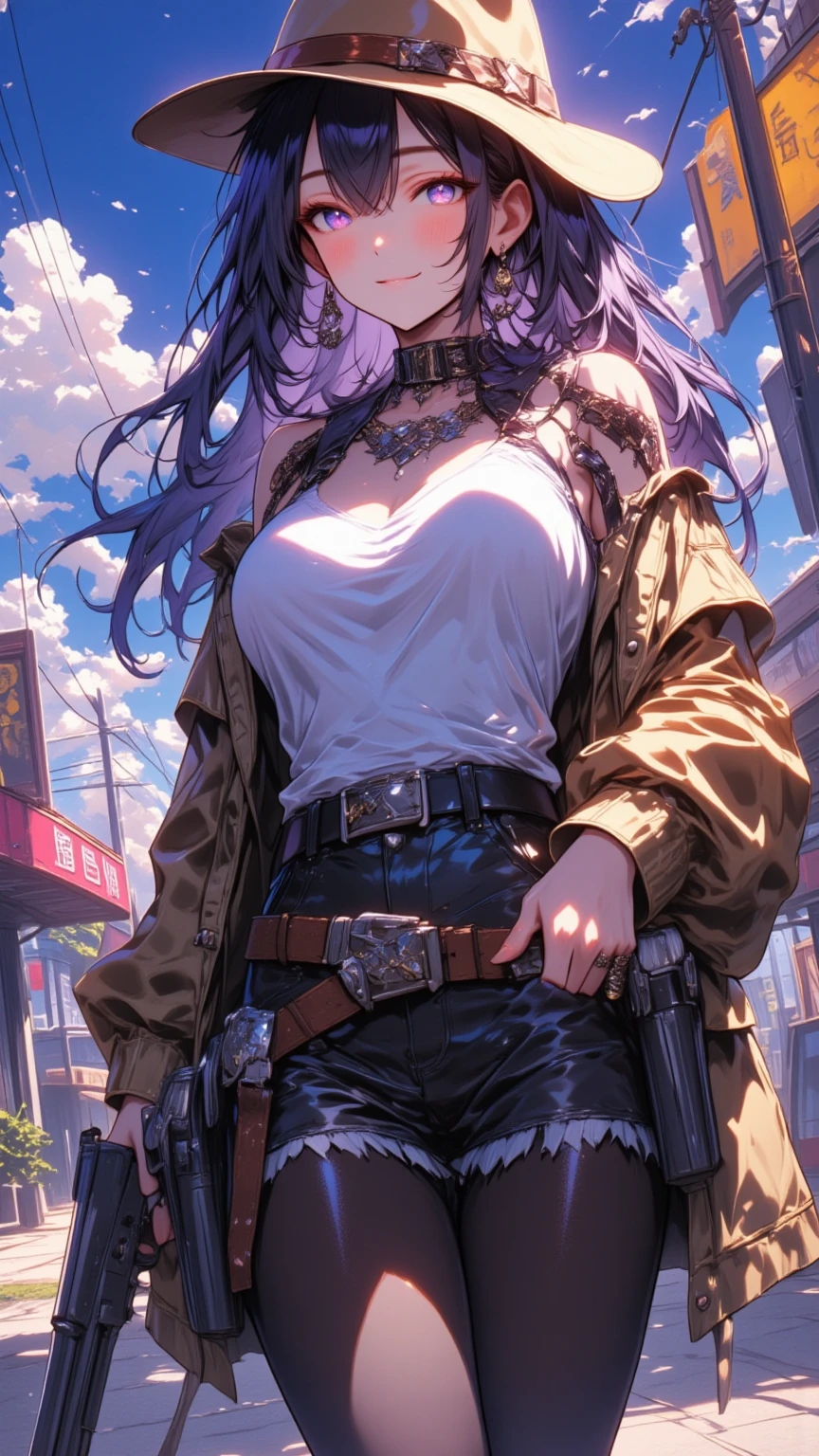  mature beautiful woman with ,( best quality, very detailed depiction, Incredibly Absurd High Resolution ,High quality anime drawings:2.0),( cowboy woman ,Cowboy Costume,khaki cowboy hat , earrings for a woman alone, Necklaces , black tights, boots,Pistol),(Purple Eyes, half-closed eyes:2.0, Big Breasts ,Glossy lips, is opening,Flashy makeup, bewitching smile:2.0,Beautiful legs,), full body image:2.0,Pistolを構えた姿:2.0,膝をついてPistolを構えている:2.0,Side view:2.0,Western Theater,Western-style streetscapes