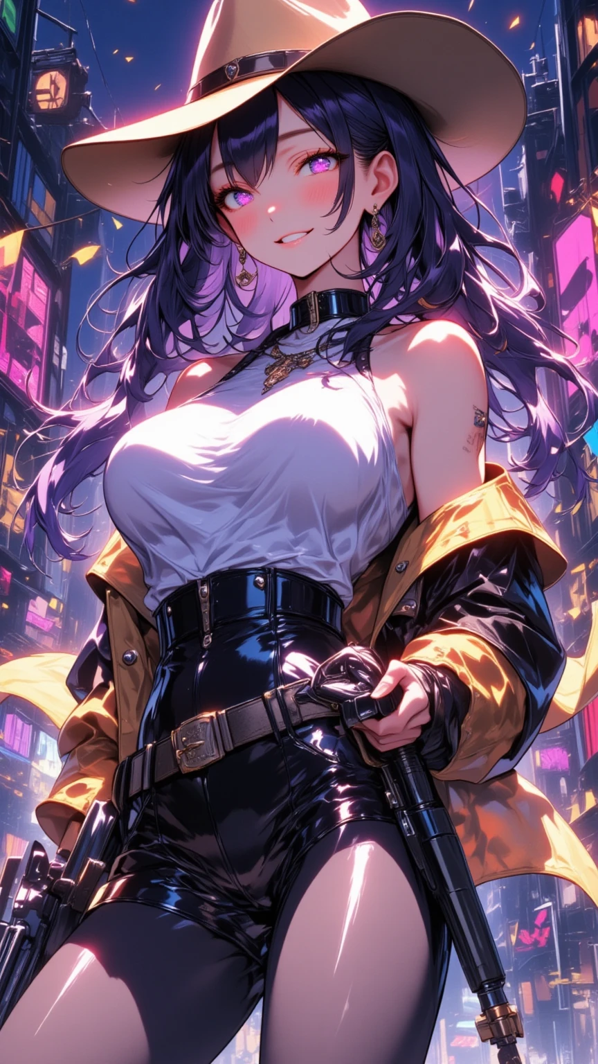  mature beautiful woman with ,( best quality, very detailed depiction, Incredibly Absurd High Resolution ,High quality anime drawings:2.0),( cowboy woman ,Cowboy Costume,khaki cowboy hat , earrings for a woman alone, Necklaces , black tights, boots,Pistol),(Purple Eyes, half-closed eyes:2.0, Big Breasts ,Glossy lips, is opening,Flashy makeup, bewitching smile:2.0,Beautiful legs,), full body image:2.0,Pistolを構えた姿:2.0,膝をついてPistolを構えている:2.0,Side view:2.0,Western Theater,Western-style streetscapes