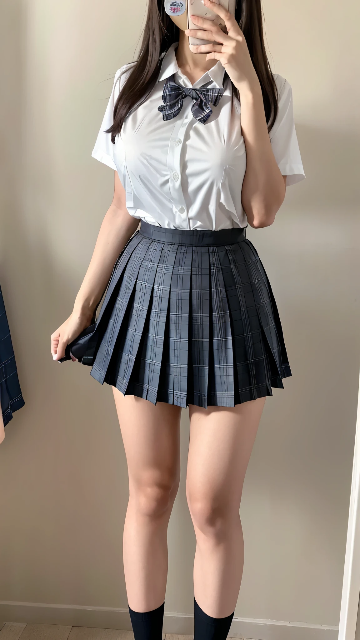 ((head out of frame:1.3)), ((Photo of Japanese high school girl's shiny thighs)), ((focused on thighs, plump thighs)), ((wearing the white shirt and plaid shirt)), ((miniskirt, pleated skirt)), white sox, Leather shoes, ((top-quality, master piece, ultra-definition)), ((high resolution photo:1.2)), teens, only one person, Black hair, beautiful hair, ((super gigantic breast:1.3)), Slender body, perfect body, ((zettai ryouiki)), in the room, ((photo from shoulder to toe))