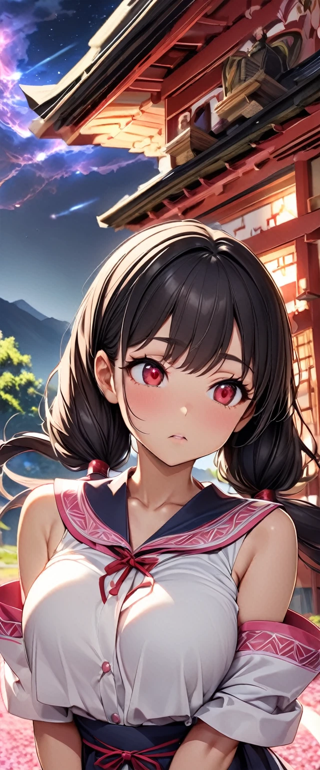 (Perfect Anatomy)、Mastepiece、Ultra High Quality、 8k、masterpiece、Highest quality、Ultra-high resolution、Maximum resolution、Very detailed、Professional Lighting、anime、Adult female、thin、so beautiful、Highly detailed eye、Highly detailed face、Black Hair,、Pink eyes, , Braiding、Straight bangs、Miko costume、Shrine maiden costume、Shrine maiden costume、Random Pause