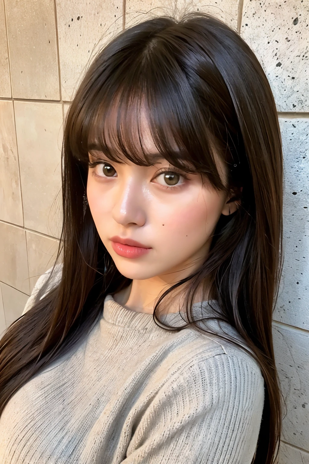 Best quality,  one beautiful woman wrapped in hachimaki , 28 years old, S, 35mm Lens, debt/1,  cowboy shots,  concrete background、Tile Background、red knitwear 、Light Brown,debtrom below、 straight hair、 straight hair、 shiny hair, silky hair、Thick bangs、Heavy bangs、blunt bangs、 full body photo