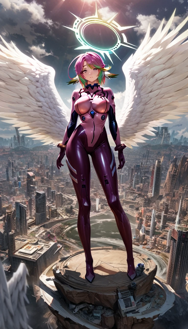 jibril,(big breast),(big white wing),(angel wing),(glamorous),full body,front view,plugsuit,latex bodysuit,shiny bodysuit,colorful hair,halo,sharp focus,extremely detailed CG,expressionless,realstic,(mechanical ear),standing,girl towering over miniature city,from front