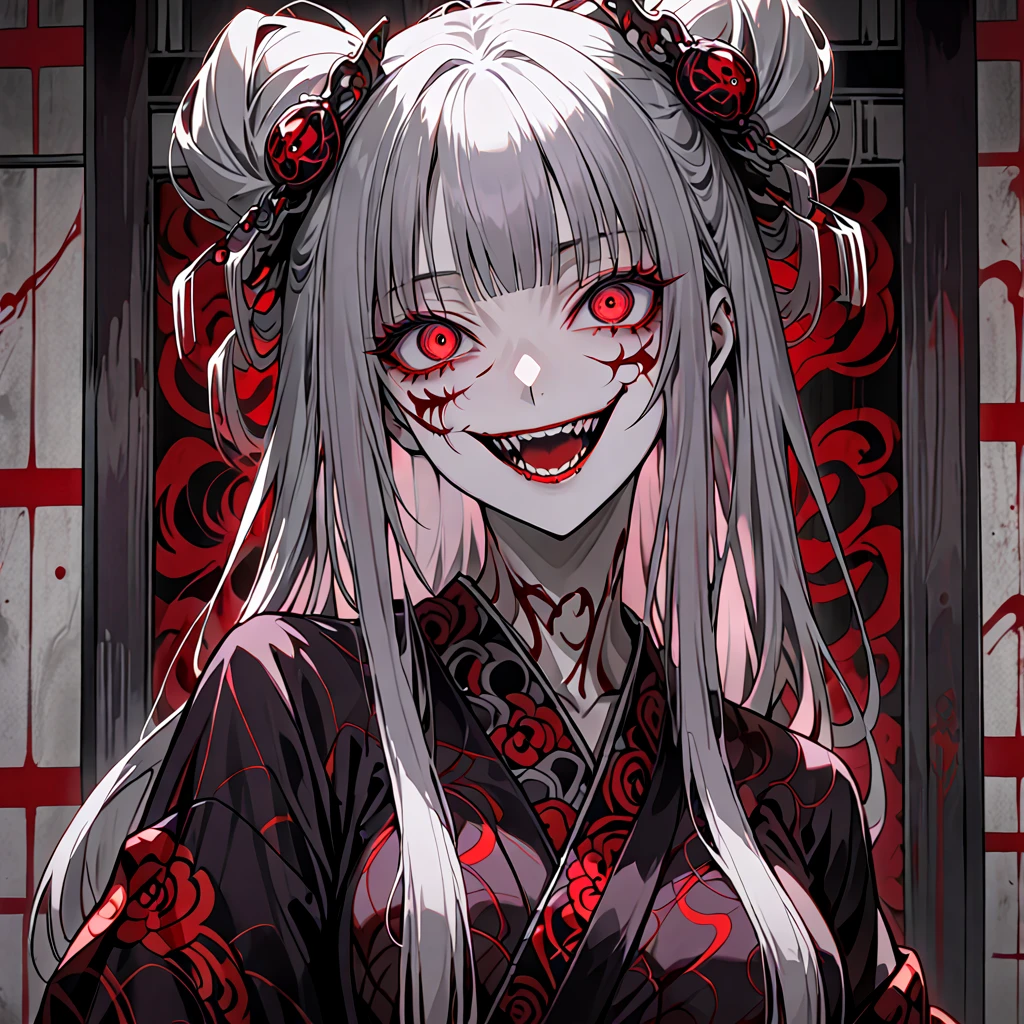 woman,  dark luxurious kimono, Gray Hair, Long Hair,  medium breasts,  clevis:0.3, red eyes, indoor,  straight hair,  feminine, whole body, Yandere Smile , Madness, Crazy Smile, Pathological Trance,   broad shoulder , 大きなwoman,  Unreasonable, Oiran