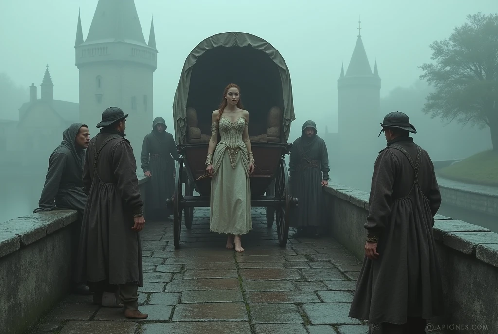 ((masterpiece, highest quality, Highest image quality, High resolution, photorealistic, Raw photo, Extremely detailed CG unified 8k wallpaper)), (huge stunning goddess shot, very hot and sexy, jaw-dropping beauty, perfect proportions, beautiful body, slim body beauty:1.4), Ancient bridge in fog, medieval Europe, one covered wagon is being robbed, the Coachman is on the ground, a beautiful noblewoman is being dragged from the wagon,