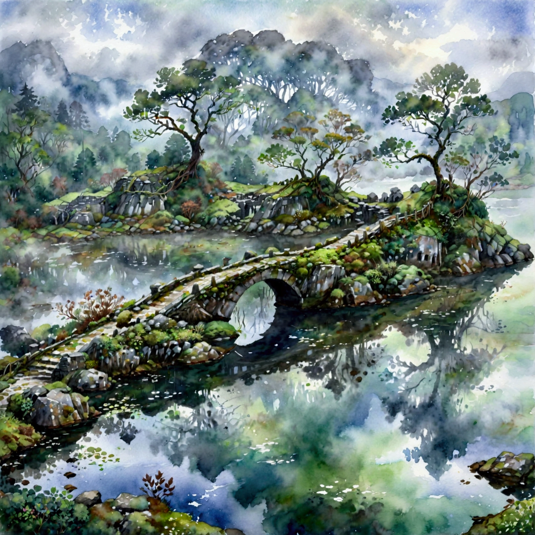 A watercolor-style illustration of an ancient, weathered bridge stretching across a foggy lake to a small, mysterious island nestled in the mountains. The bridge is made of old stone, with moss and vines growing along its sides, emphasizing its age and solitude. The lake is calm, with soft ripples blending into the mist that shrouds the scene. The island is faintly visible in the distance, with a few trees and perhaps a crumbling structure adding to the melancholic atmosphere. The watercolor brushstrokes are delicate, using muted tones of gray, green, and soft blue to create a somber and tranquil mood, evoking a sense of quiet mystery, (watercolor style, ancient bridge, foggy lake, mysterious island, mountain setting, weathered stone, moss-covered, tranquil water, soft ripples, mist, melancholic atmosphere, muted tones, gray, green, soft blue, delicate brushstrokes, quiet mystery)