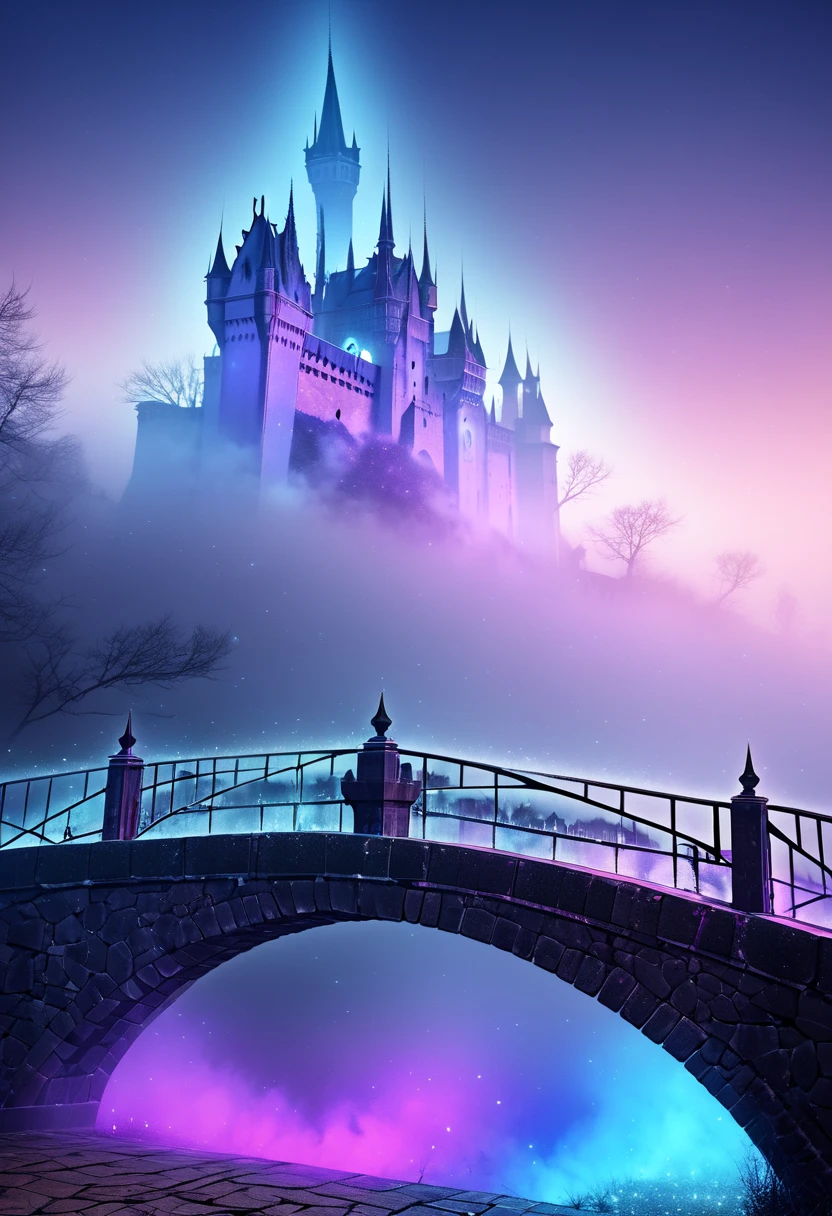 An old bridge shrouded in fog leading to an old castle, ((background:Mysterious fog  , blue, Neon Dust,  Shading Effects ,  gradient magic effect , Fog filter effect , Glitter Effect,  Graphic CG Digital Art )) ,