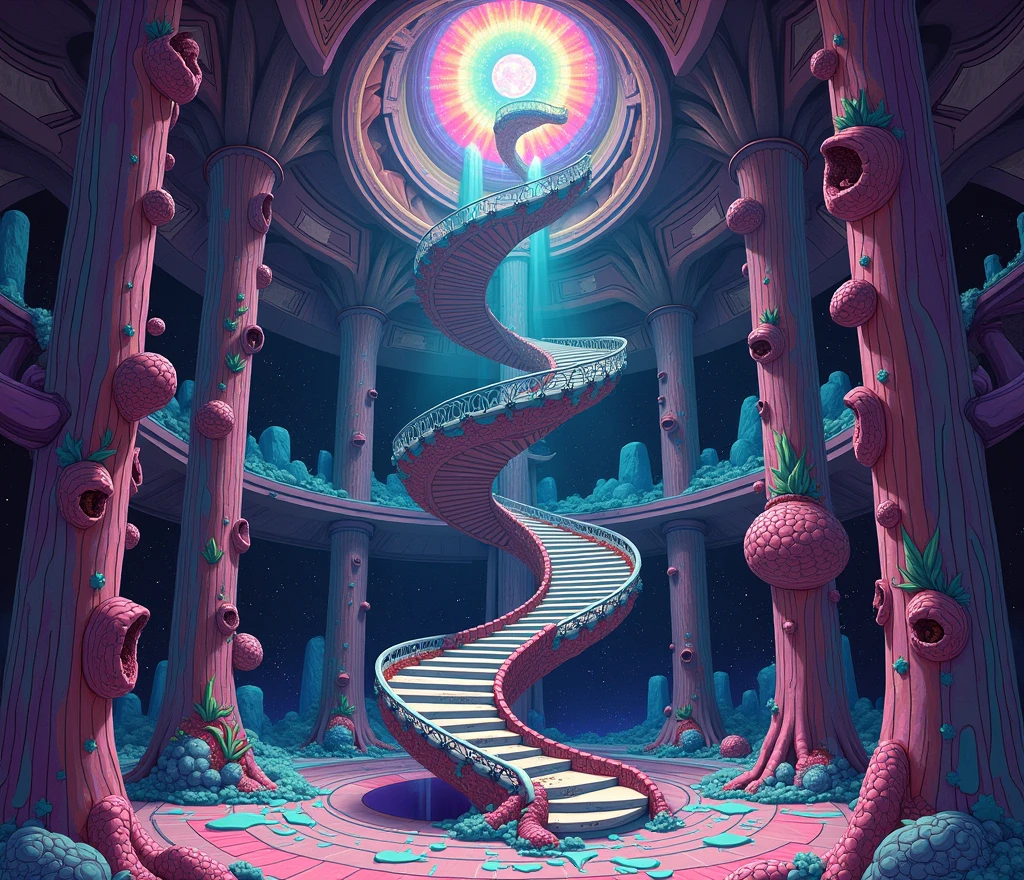  spiral staircase and building poster with spiral staircase, Dan Mumford ,  Trending at Artstation ,  psychedelic art ,  Psychedelic Architecture , Psychedelic Illustration, dan mumford とalex greyスタイル,  psychedelic art  style,  Surreal and psychedelic design, Trippy Art, dmt temple ,  psychedelic art work, DMT Art, Detailed dreamscape