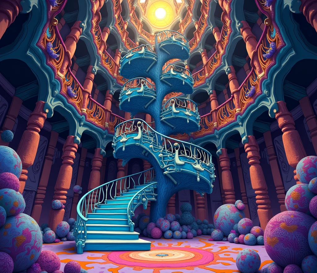  spiral staircase and building poster with spiral staircase, Dan Mumford ,  Trending at Artstation ,  psychedelic art ,  Psychedelic Architecture , Psychedelic Illustration, dan mumford とalex greyスタイル,  psychedelic art  style,  Surreal and psychedelic design, Trippy Art, dmt temple ,  psychedelic art work, DMT Art, Detailed dreamscape