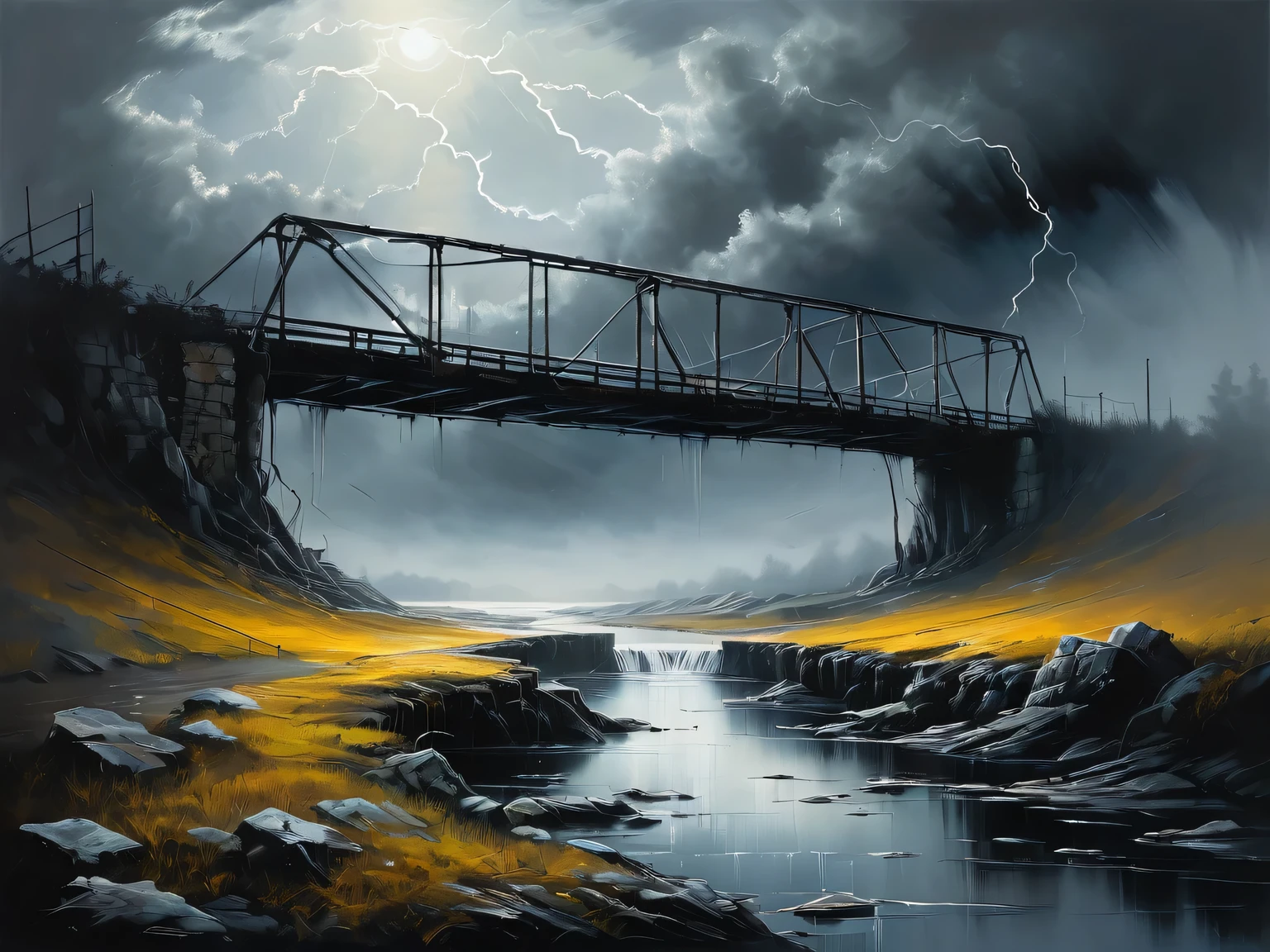 ((Art of liquid metal)), the painting is painted with liquid metal on textured paper and depicts an upper side angle of a beautiful minimalistic landscape with a very ancient Old Abandoned bridge stretching into the distance into a thick fog, An old Abandoned bridge made of liquid metal looks ominous and gloomy, in the background a gloomy sky with clouds and lightning hides in the fog, The painting is made of liquid metal, metal, the work of a master, clear contours, 32 carats