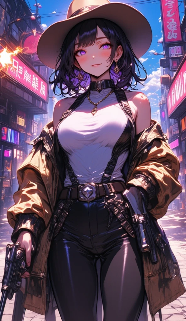  mature beautiful woman with ,( best quality, very detailed depiction, Incredibly Absurd High Resolution ,High quality anime drawings:2.0),( cowboy woman ,Cowboy Costume,khaki cowboy hat , earrings for a woman alone, Necklaces , black tights, boots,Pistol),(Purple Eyes, half-closed eyes:2.0, Big Breasts ,Glossy lips, is opening,Flashy makeup, bewitching smile:2.0,Beautiful legs,), full body image:2.0,Pistolを構えた姿:2.0,膝をついてPistolを構えている:2.0,Side view:2.0,Western Theater,Western-style streetscapes