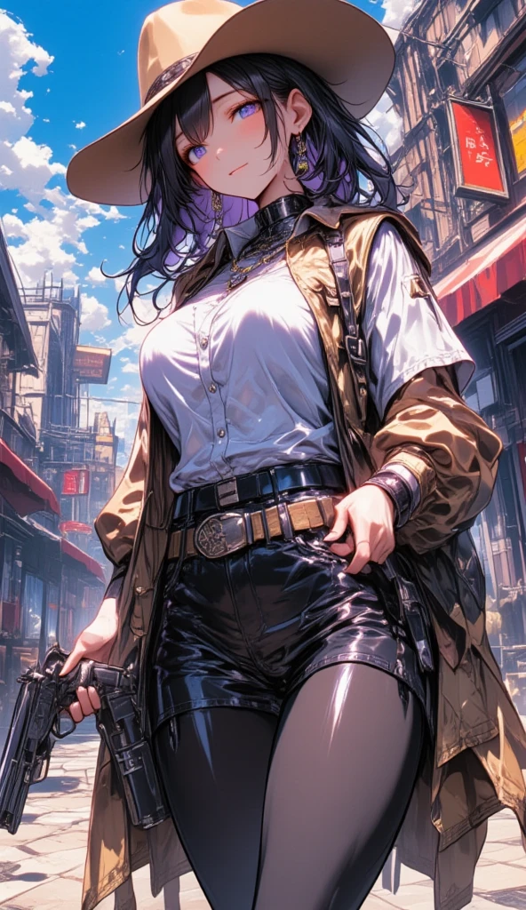  mature beautiful woman with ,( best quality, very detailed depiction, Incredibly Absurd High Resolution ,High quality anime drawings:2.0),( cowboy woman ,Cowboy Costume,khaki cowboy hat , earrings for a woman alone, Necklaces , black tights, boots,Pistol),(Purple Eyes, half-closed eyes:2.0, Big Breasts ,Glossy lips, is opening,Flashy makeup, bewitching smile:2.0,Beautiful legs,), full body image:2.0,Pistolを構えた姿:2.0,膝をついてPistolを構えている:2.0,Side view:2.0,Western Theater,Western-style streetscapes