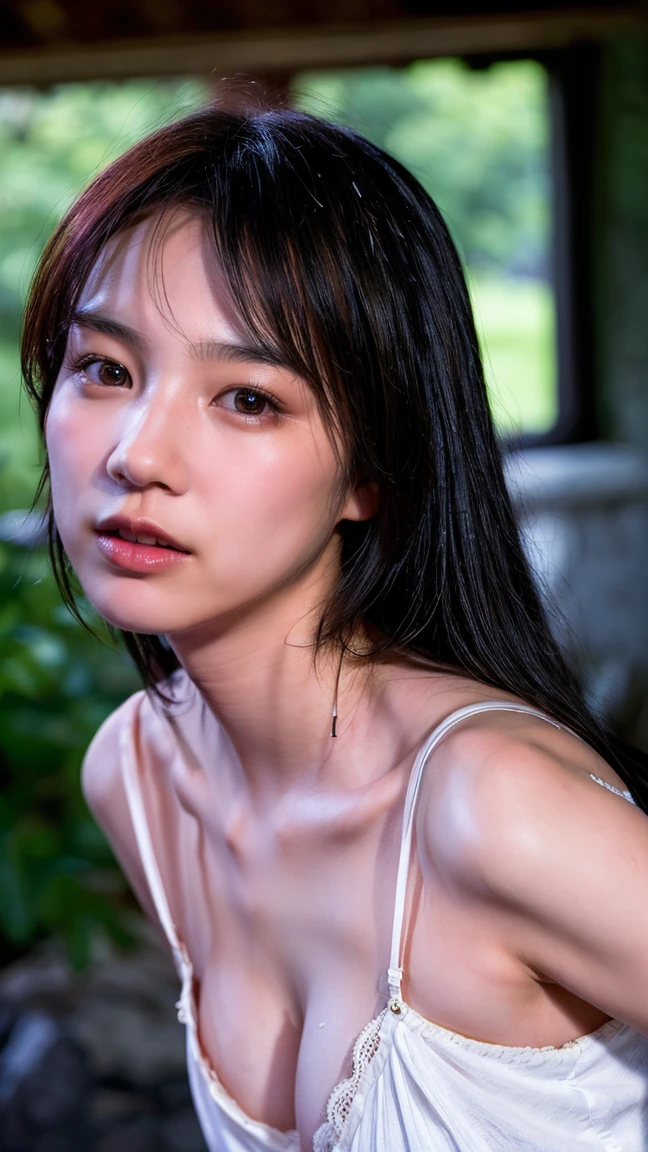 ((Petite women,    sensual women ,    no makeup from a coal miner、indoor、 face up  、 angry)),   white dress、An expression that wants to say something、Sweaty skin、 natural light、 An enchanting expression 、 wet hair 、 shy expression 、