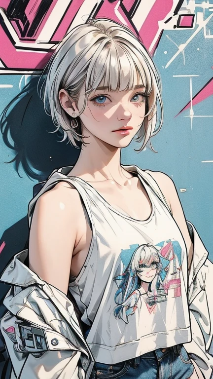 masterpiece, Highest quality, Very detailed, 8k, Realistic, super close up of chest, focus on chest, One Girl, alone, Very detailed face, (head shot:1.5), Standing in front of a wall covered in hip hop graffiti, Cyberpunk neon cityscape,Pixie cut white hair, She is wearing a short neon tank top and an open hoodie, Nice ass, (flat chest:1.2), nsfw