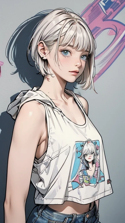 masterpiece, Highest quality, Very detailed, 8k, Realistic, super close up of chest, focus on chest, One Girl, alone, Very detailed face, (head shot:1.5), Standing in front of a wall covered in hip hop graffiti, Cyberpunk neon cityscape,Pixie cut white hair, She is wearing a short neon tank top and an open hoodie, Nice ass, (flat chest:1.2), nsfw