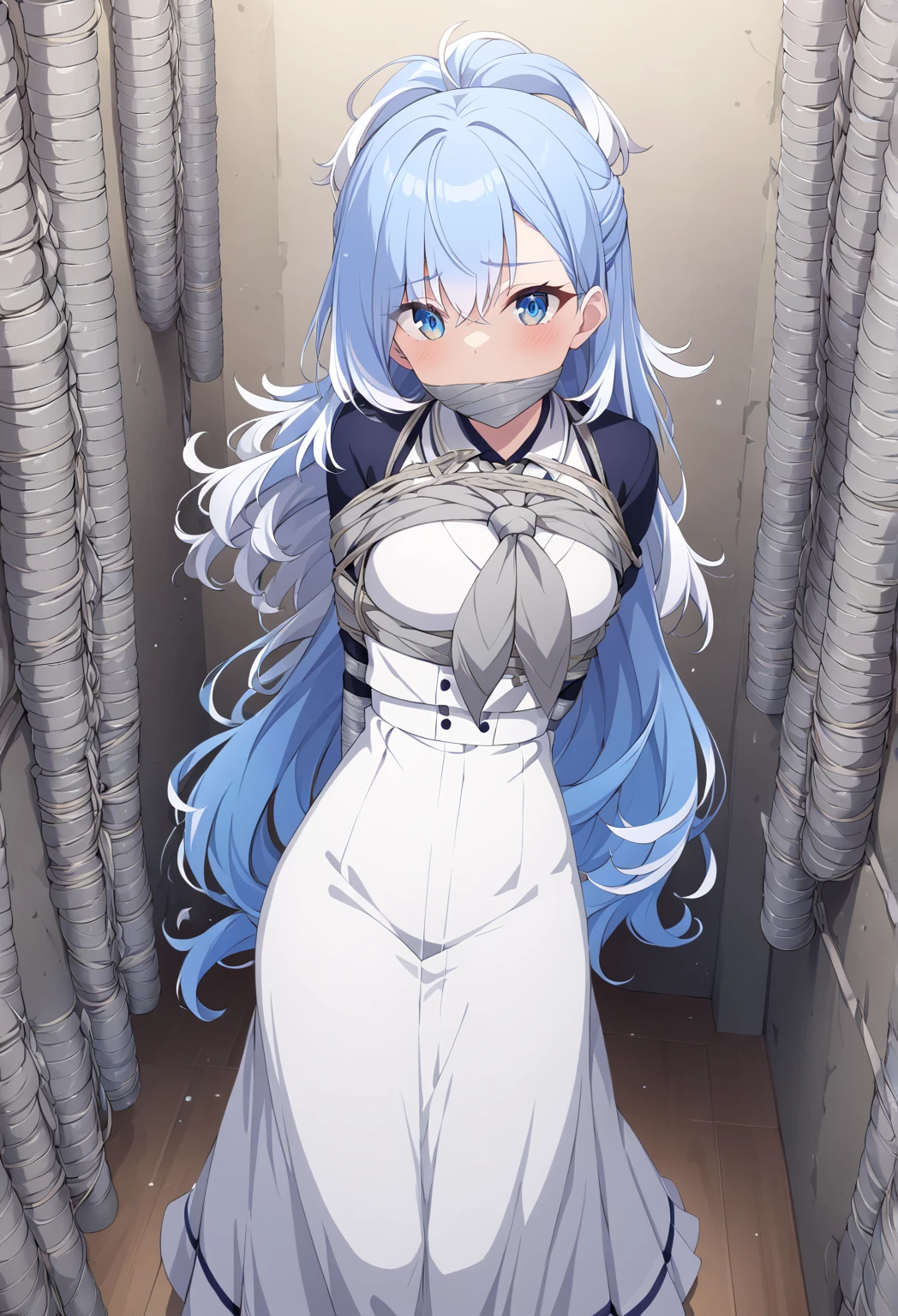 a result_9, a result_8_higher, source_Anime,  one girl, Alone,  Kubocanero , Blue eyes, long hair, blue hair,  colored ends , white hair, high-waist skirt, Long skirt, white skirt,  covered the mouth ,  long sleeves , , Familiar, Inside , مركز تسوق, ( shopping mall tied with excessive ropes), ( tied bracelets ), ( arms behind back ), (duct tape, duct tape), Dramatic ,  ( looking at the viewer), (detailed phigherils:1.3)