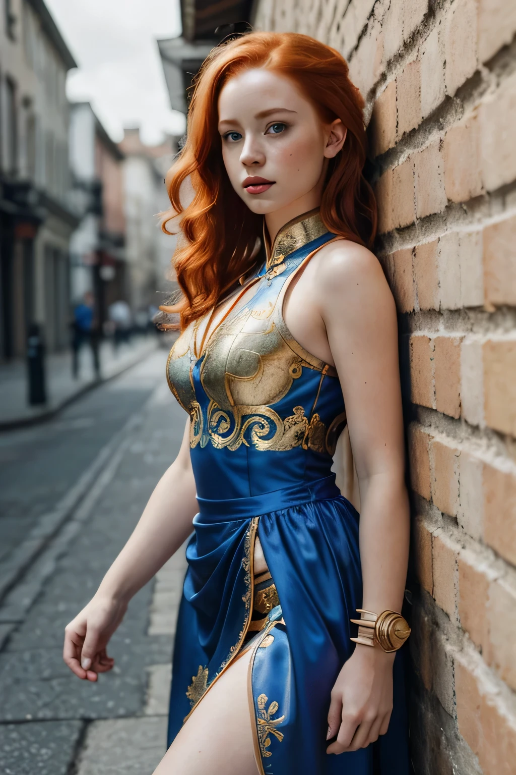 1girl in, 21, Madelaine Petsch, photo of perfect woman, 5'3", Solo, Aesthetic artwork, (irish  redhead, wavy ginger hair, shoulder length ginger hair:1.25), (some small freckles, pale skin, small breasts, B-cup, runners body, very thin waist, skinny, petite, detailed skin texture), (blank background, plain background, blank wall, (wearing an traditional blue Chinese dress, Gold filigree inlay, spiky wrist bracelets. Side slits dress, chun-li, Street fighter Chun-Li cosplay), Exposed thighs, ), (extremely detailed 8k wallpaper), soft lighting, high quality, film grain, Fujifilm XT3 sharp focus, f 5.6, 50mm, High Detail, Sharp focus,(natural light), crazy details, complex details, hyper detailed