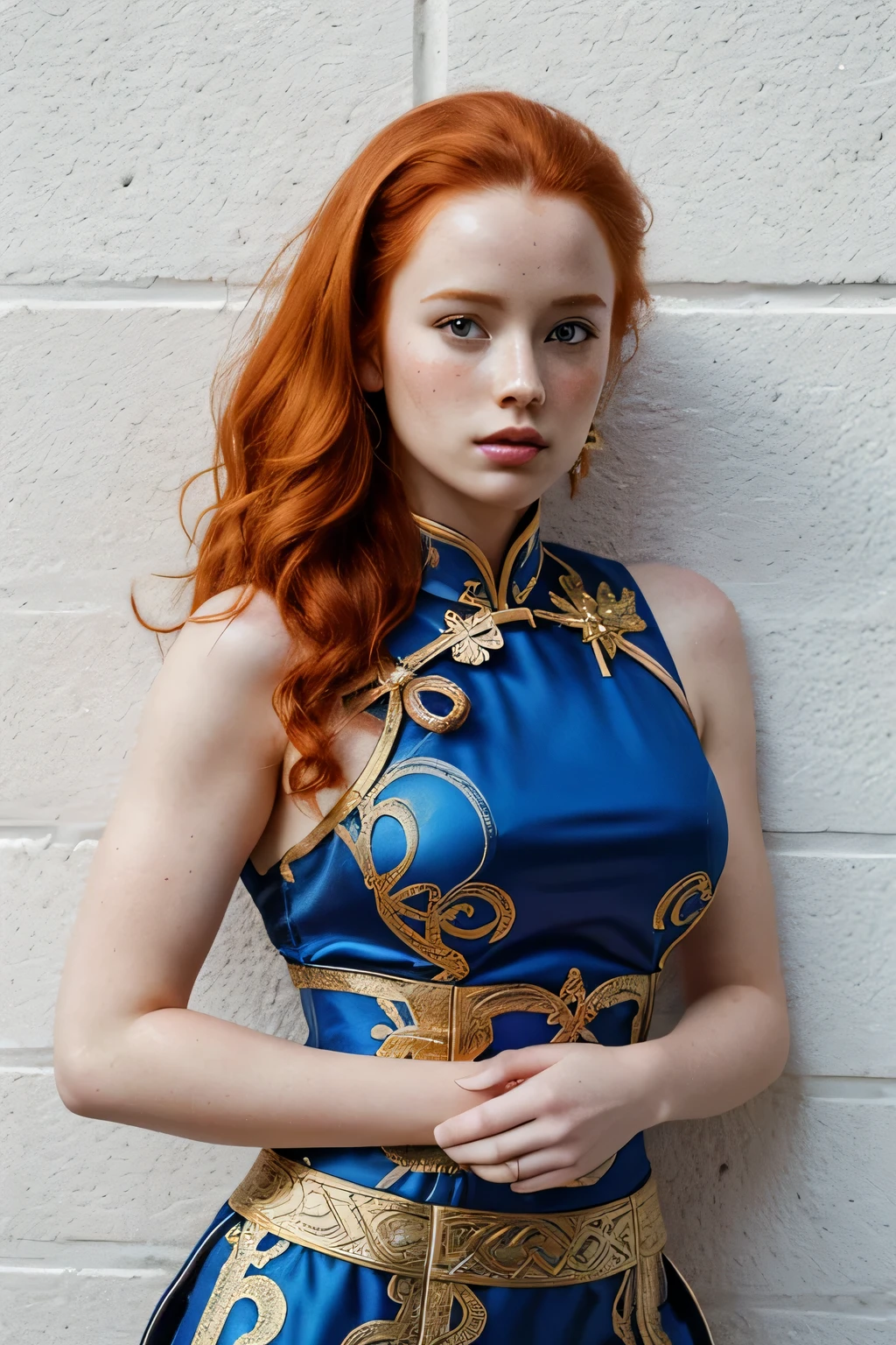 1girl in, 21, Madelaine Petsch, photo of perfect woman, 5'3", Solo, Aesthetic artwork, (irish redhead, wavy ginger hair, shoulder length ginger hair:1.25), (some small freckles, pale skin, small breasts, B-cup, runners body, very thin waist, skinny, petite, detailed skin texture), (blank background, plain background, blank wall, (wearing an traditional blue Chinese dress, Gold filigree inlay, spiky wrist bracelets. Side slits dress, chun-li, Street fighter Chun-Li cosplay), Exposed thighs, ), (extremely detailed 8k wallpaper), soft lighting, high quality, film grain, Fujifilm XT3 sharp focus, f 5.6, 50mm, High Detail, Sharp focus,(natural light), crazy details, complex details, hyper detailed