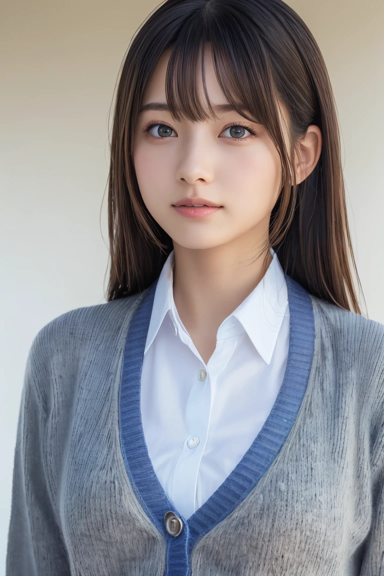 (8k, RAW Photo, Highest Quality, High Resolution:1.1), (ultra-realistic:1.4),(Realistic, Realistic:1.3),Japanese Beauty, School Uniform, ((Cardigan)),((Upper Body:1.3)),