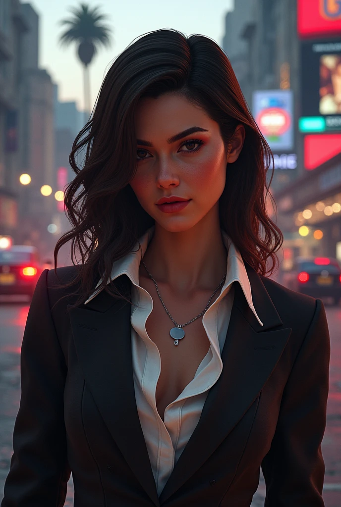 masterpiece, best quality, highly detailed, woman, messy layered hair, designer clothes, street, cafes, relaxed pose, volumetric lighting, cinematic lighting, atmospheric lighting