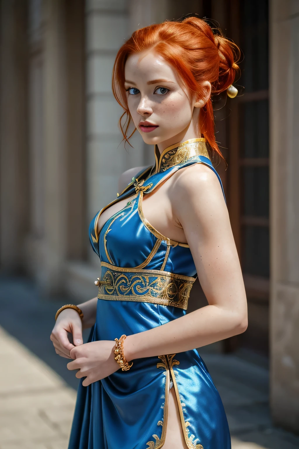 1girl in, 21, Madelaine Petsch, photo of perfect woman, 5'3", Solo, Aesthetic artwork, (irish redhead, wavy ginger hair, shoulder length ginger hair:1.25), (some small freckles, pale skin, small breasts, B-cup, runners body, very thin waist, skinny, petite, detailed skin texture), (blank background, plain background, blank wall, (wearing an traditional blue Chinese dress, Gold filigree inlay, spiky wrist bracelets. Side slits dress, chun-li, Street fighter Chun-Li cosplay), Exposed thighs, ), (extremely detailed 8k wallpaper), soft lighting, high quality, film grain, Fujifilm XT3 sharp focus, f 5.6, 50mm, High Detail, Sharp focus,(natural light), crazy details, complex details, hyper detailed