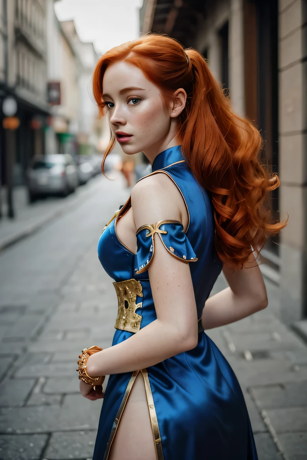 1girl in, 21, Madelaine Petsch, photo of perfect woman, 5'3", Solo, Aesthetic artwork, (irish redhead, wavy ginger hair, shoulder length ginger hair:1.25), (some small freckles, pale skin, small breasts, B-cup, runners body, very thin waist, skinny, petite, detailed skin texture), (blank background, plain background, blank wall, (wearing an traditional blue Chinese dress, Gold filigree inlay, spiky wrist bracelets. Side slits dress, chun-li, Street fighter Chun-Li cosplay), Exposed thighs, ), (extremely detailed 8k wallpaper), soft lighting, high quality, film grain, Fujifilm XT3 sharp focus, f 5.6, 50mm, High Detail, Sharp focus,(natural light), crazy details, complex details, hyper detailed