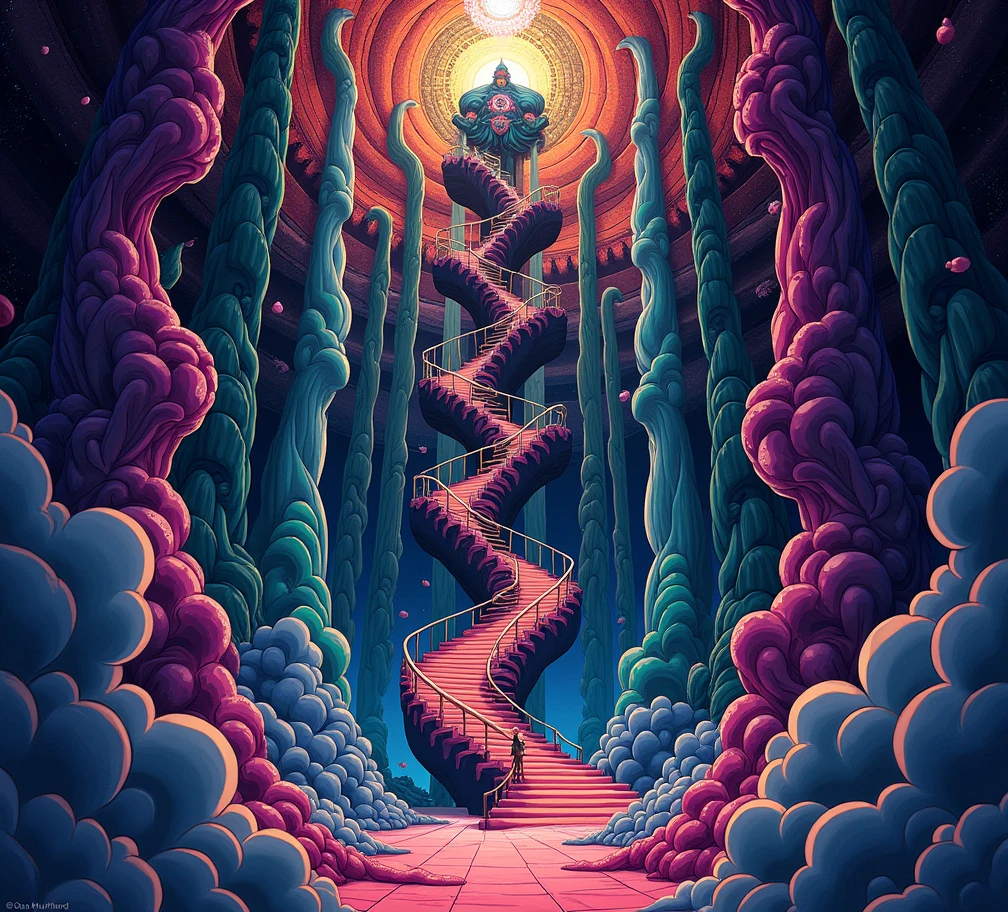  spiral staircase and building poster with spiral staircase, Dan Mumford ,  Trending at Artstation ,  psychedelic art ,  Psychedelic Architecture , Psychedelic Illustration, dan mumford とalex greyスタイル,  psychedelic art  style,  Surreal and psychedelic design, Trippy Art, dmt temple ,  psychedelic art work, DMT Art, Detailed dreamscape