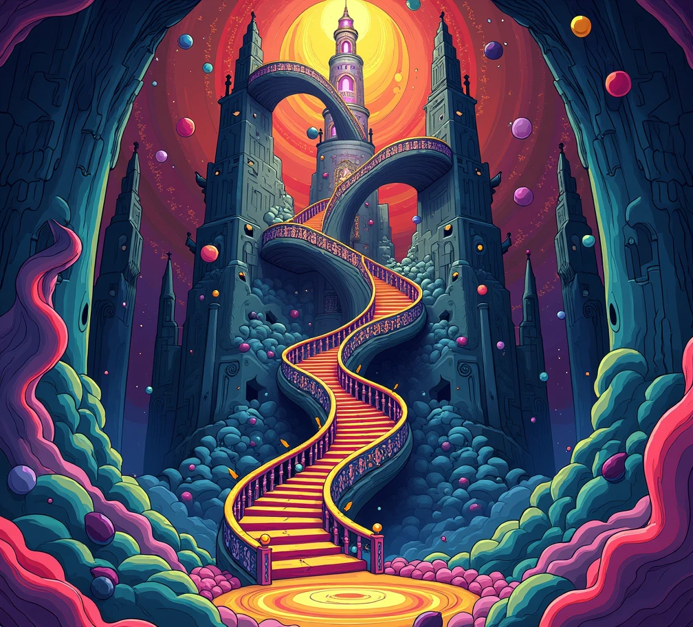  spiral staircase and building poster with spiral staircase, Dan Mumford ,  Trending at Artstation ,  psychedelic art ,  Psychedelic Architecture , Psychedelic Illustration, dan mumford とalex greyスタイル,  psychedelic art  style,  Surreal and psychedelic design, Trippy Art, dmt temple ,  psychedelic art work, DMT Art, Detailed dreamscape