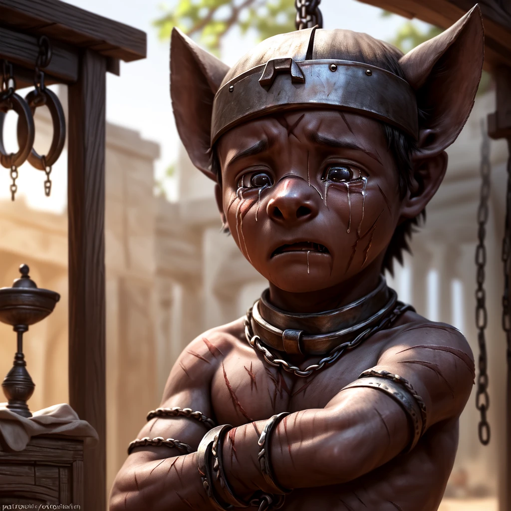 ( detailed crying ,  detailed face,  detailed background ,  detailed body ), (realistic,photorealistic,photo-realistic:1.37)
 little demon boy , very young, cute, , cuddly , wears slave clothes,  iron shackles around the neck,  iron cuffs on the wrists,  arms tied over his head ,  on a slave marketplace, He cries a lot , many scars on the body