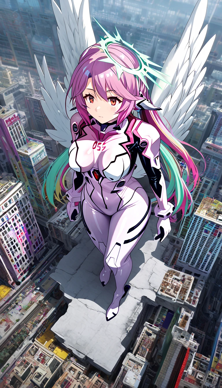 jibril,(big breast),(big white wing),(angel wing),(glamorous),full body,plugsuit,latex bodysuit,shiny bodysuit,colorful hair,halo,sharp focus,extremely detailed CG,expressionless,realstic,(mechanical ear),standing,girl towering over miniature city,from above