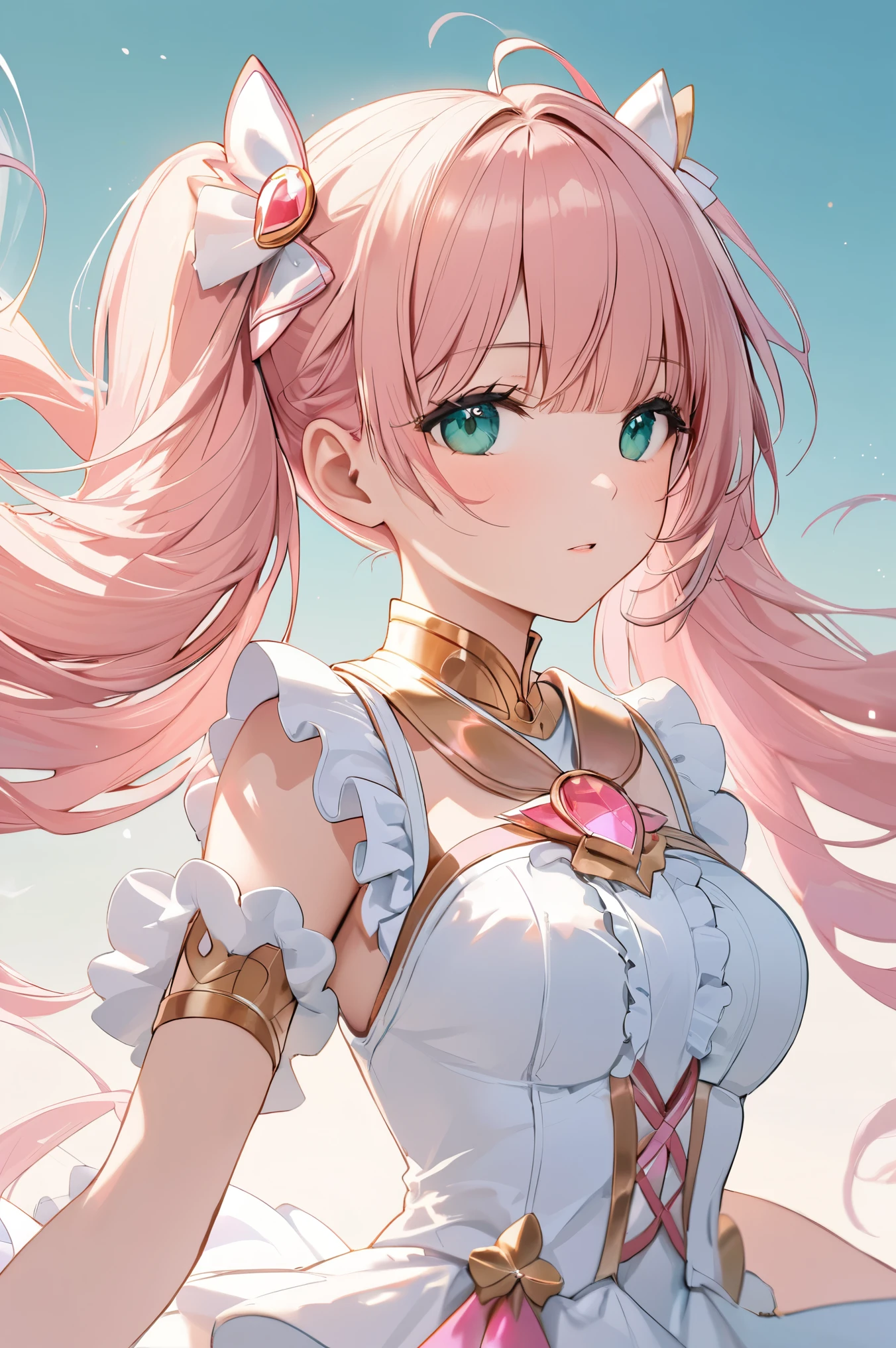 White ruffle dress, Magical Girl,   twin tails, wind, Floating Hair, Long Hair,   gradient background，blue sky, bangs,   mint green eyes,   upper body,  (((Pink Gold Hair))), Symmetric, masterpiece,   best quality