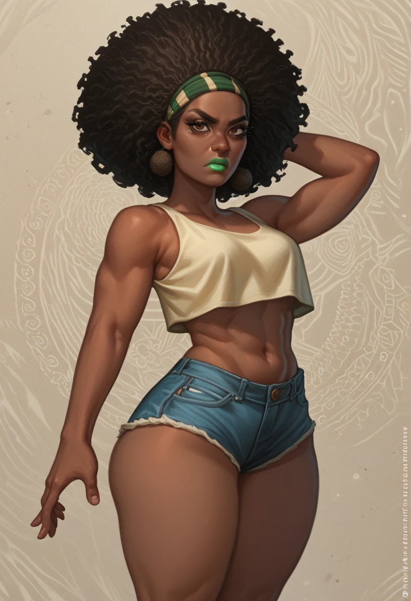 score_9, score_8_up, score_7_up, score_6_up, score_5_up, score_4_up, BREAK 1girl, ((petite body:1)), intricate, african woman, Jamaican woman, looking at viewer, black hair, Afro, hair edges are curly, brown skin, very dark brown eyes, black eyeliner, long eyelashes, coconut colored lipstick blend, Jamaica crop top, jean shorts, detailed background, large ass (masterpiece, high quality:1), front shot, looking at viewer, average breasts, smaller boobs, front pose, dump truck ass, thick thighs, short, annoyed