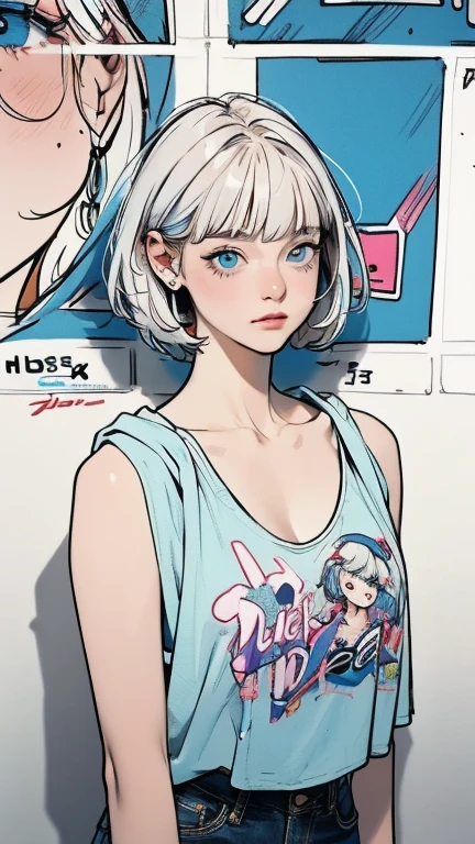 masterpiece, Highest quality, Very detailed, 8k, Realistic, super close up of chest, focus on chest, One Girl, alone, Very detailed face, (head shot:1.5), Standing in front of a wall covered in hip hop graffiti, Cyberpunk neon cityscape,Pixie cut white hair, She is wearing a short neon tank top and an open hoodie, Nice ass, (flat chest:1.2), nsfw