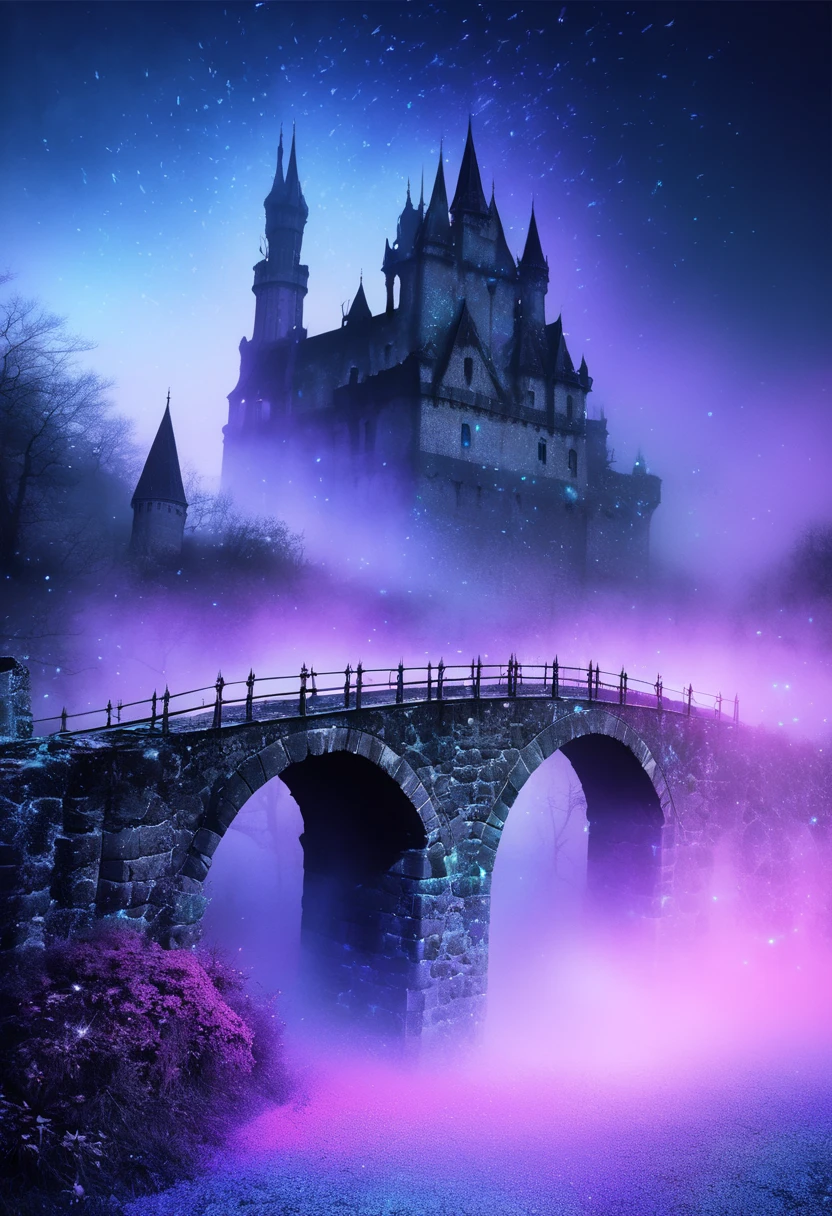 An old bridge shrouded in fog leading to an old castle, ((background:Mysterious fog  , blue, Neon Dust,  Shading Effects ,  gradient magic effect , Fog filter effect , Glitter Effect,  Graphic CG Digital Art )) ,