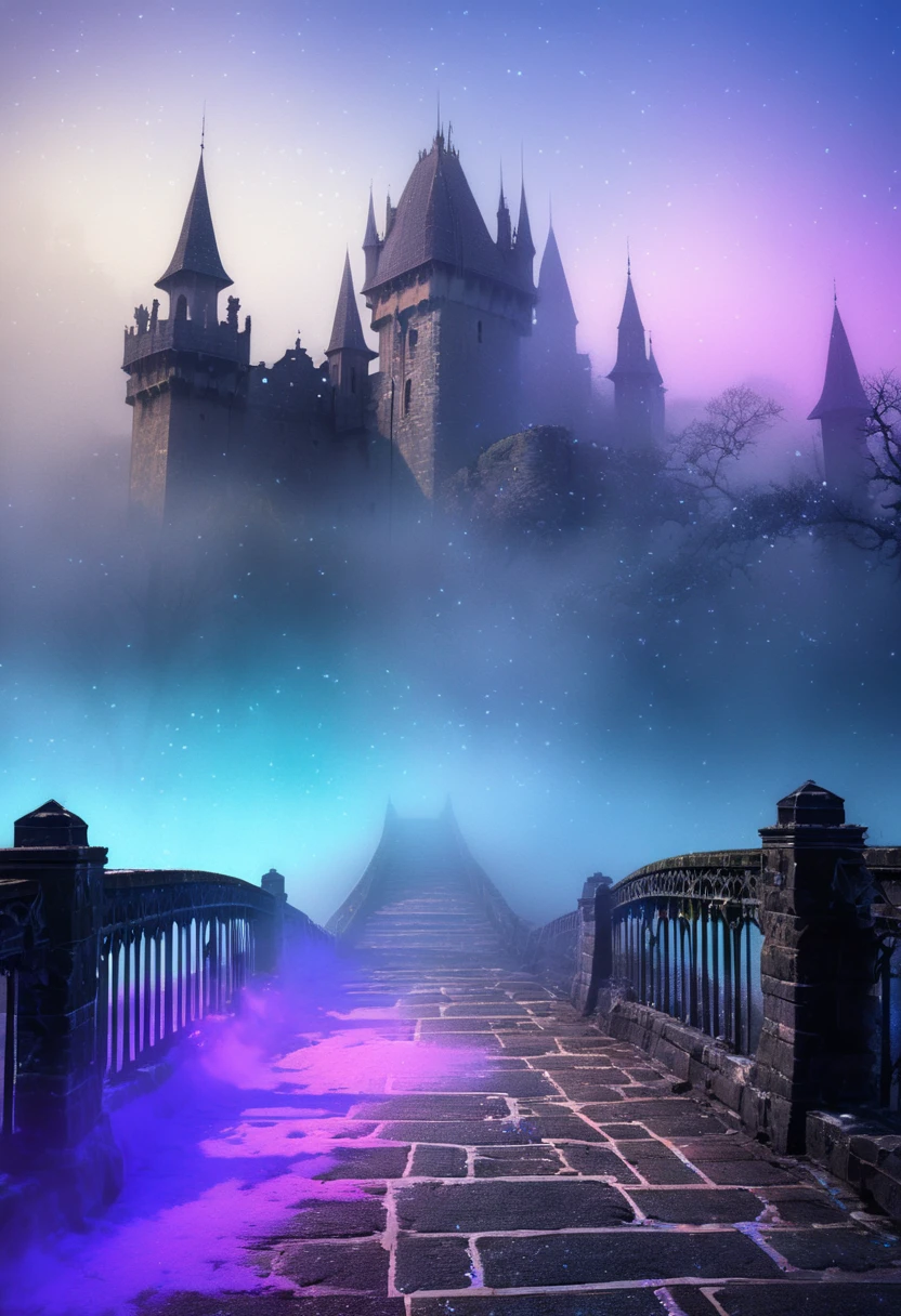 An old bridge shrouded in fog leading to an old castle, ((background:Mysterious fog  , blue, Neon Dust,  Shading Effects ,  gradient magic effect , Fog filter effect , Glitter Effect,  Graphic CG Digital Art )) ,