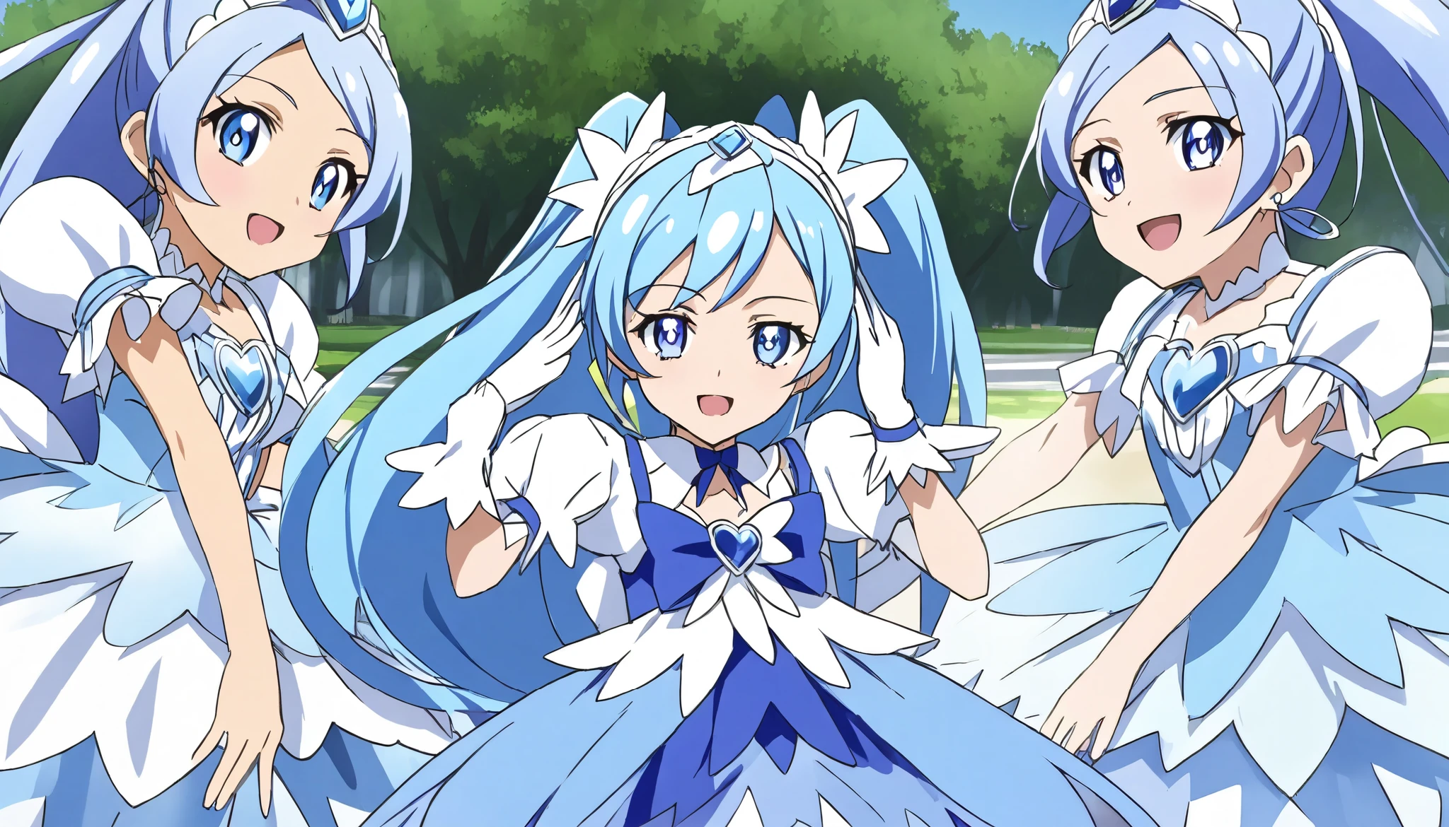 (( stain)), (( Masterpiece )), (Familiar with), Perfect Face , (Prequel ), (cure diamond), ta Dress, ( without skirt ), background, park, ponytail, Celulean hair , Celulean eye , White pupil, medium breasts, White Stockings,