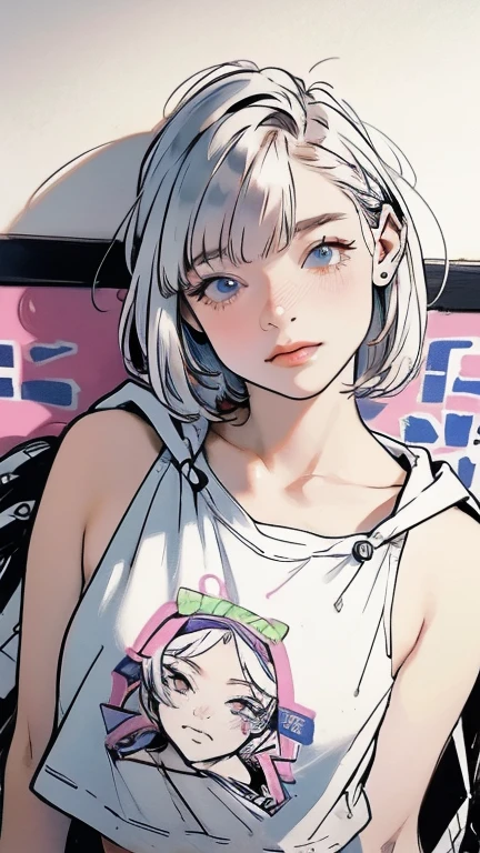 masterpiece, Highest quality, Very detailed, 8k, Realistic, super close up of chest, focus on chest, One Girl, alone, Very detailed face, (head shot:1.5), Standing in front of a wall covered in hip hop graffiti, Cyberpunk neon cityscape,Pixie cut white hair, She is wearing a short neon tank top and an open hoodie, Nice ass, (flat chest:1.2), nsfw