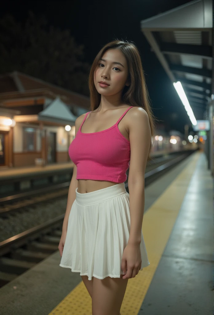 ((Best quality)),((8K)), portrait,A photo of an Thai woman wearing pink tank top and white super short pleated skirt, standing pose ,on  train ,Railway, Japan , soft, atmosphere, night light, film , full body 